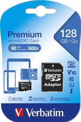 Memóriakártya, microSDXC, 128GB, CL10/U1, 90/10 MB/s, adapter, VERBATIM "Premium"